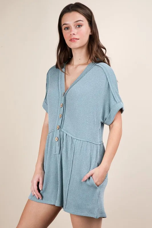 VERY J Two Tone Ribbed Knit Comfy Casual Romper - Brittney MADE