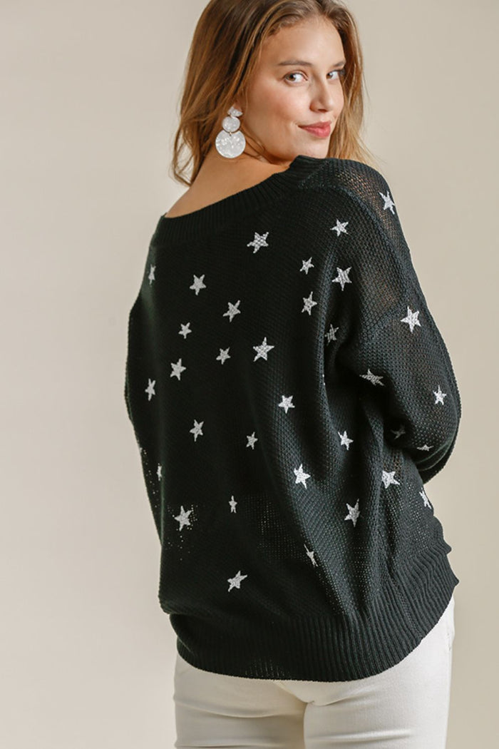Umgee Full Size Star V-Neck Long Sleeve Sweater Plus Size - Brittney MADE