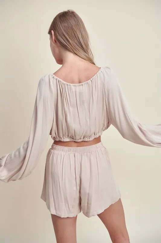 MABLE Gauze Long Sleeve Button Crop Top and Short Set - Brittney MADE