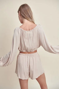 MABLE Gauze Long Sleeve Button Crop Top and Short Set - Brittney MADE