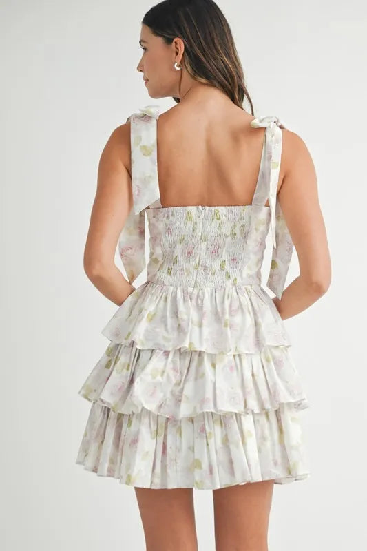 MABLE Floral Print Shoulder Tie Layered Mini Dress - Brittney MADE