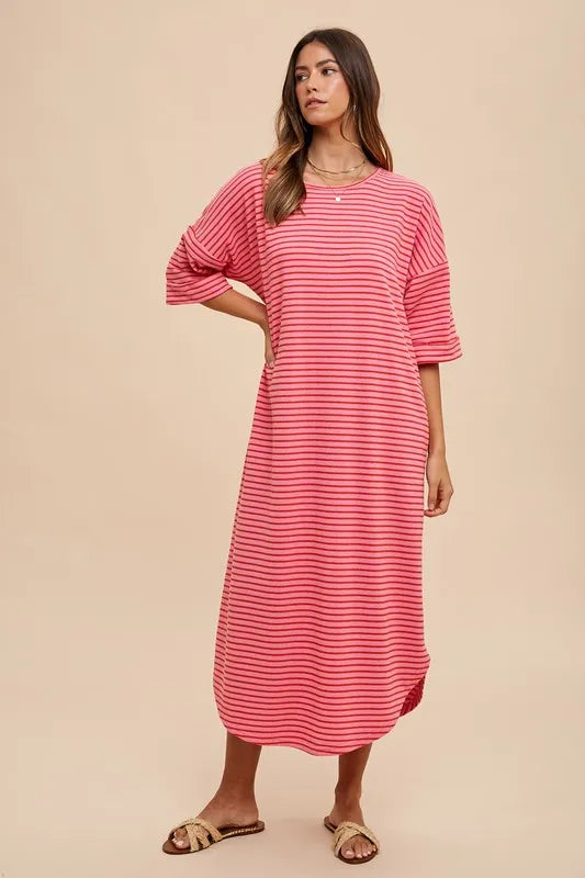 Annie Wear Striped Round Neck Terry Midi Dress - Brittney MADE