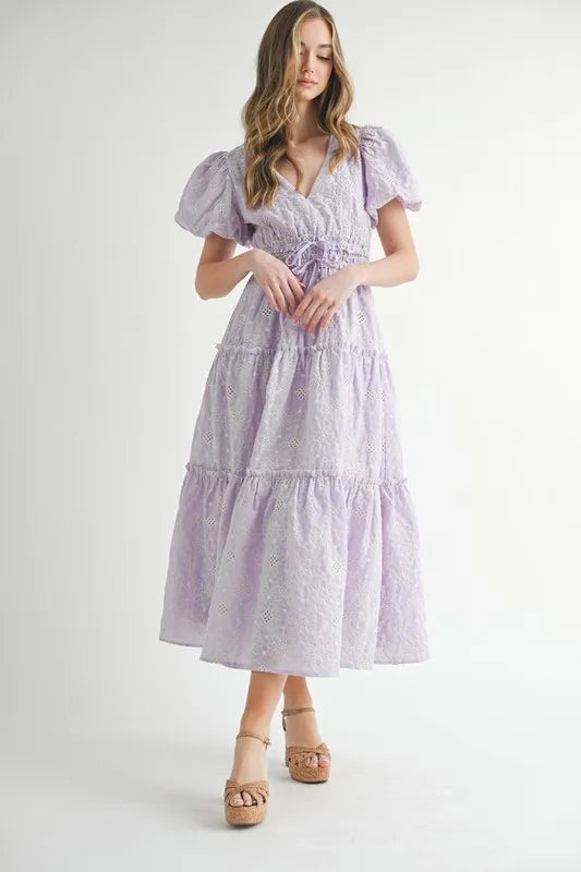 MABLE Eyelet Lace Puff Sleeve V Neck Midi Dress - Brittney MADE