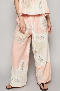 POL Embroidered Drawstring Lace Patch Wide Leg Pants - Brittney MADE