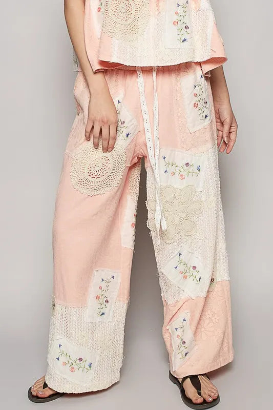 POL Embroidered Drawstring Lace Patch Wide Leg Pants - Brittney MADE