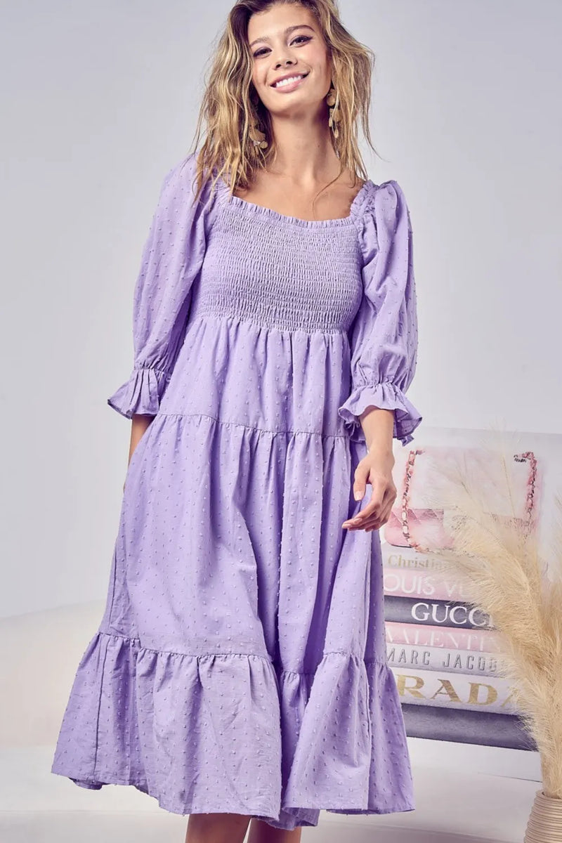 BiBi Swiss Dot Flounce Sleeve Smocked Tiered Midi Dress - Brittney MADE