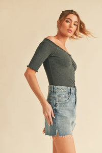 Aemi + Co Ruched Frill Off-Shoulder Half Sleeve Knit Top - Brittney MADE