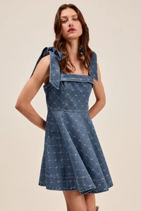 SO ME A Line Fit and Flare Diamond Bow Ribbon Denim Dres - Brittney MADE