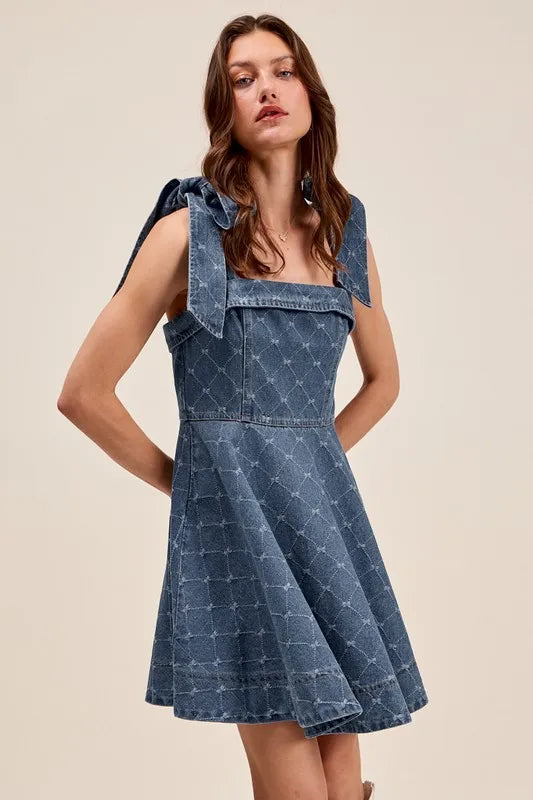 SO ME A Line Fit and Flare Diamond Bow Ribbon Denim Dres - Brittney MADE