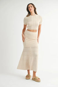 MABLE Pointelle Short Sleeve Crop Top and Slit Skirt Sweater Set - Brittney MADE