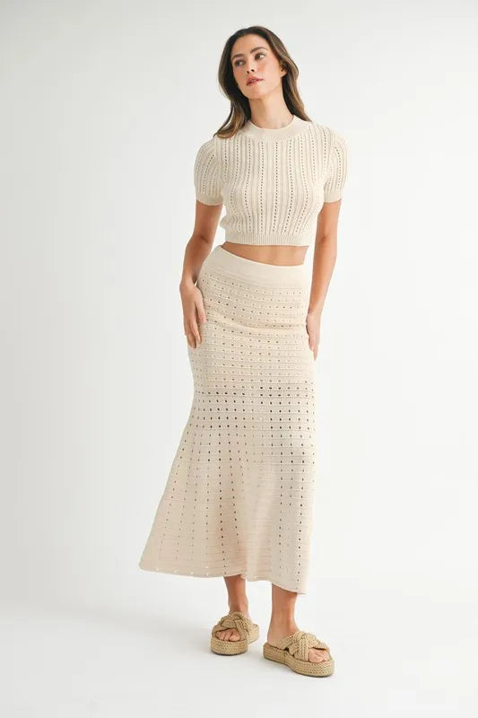 MABLE Pointelle Short Sleeve Crop Top and Slit Skirt Sweater Set - Brittney MADE