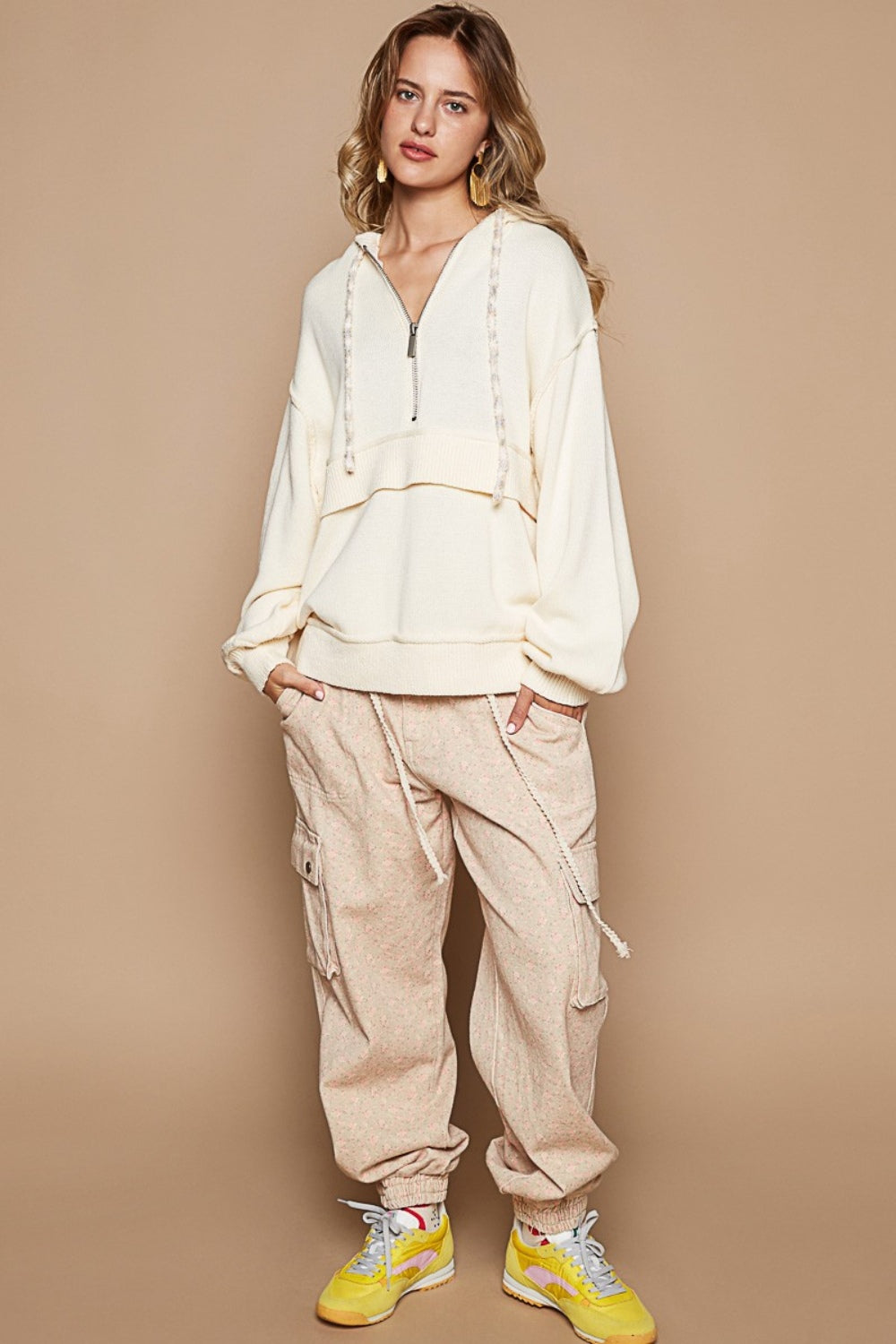 POL Half Zip Drop Shoulder Hooded Sweater - Brittney MADE