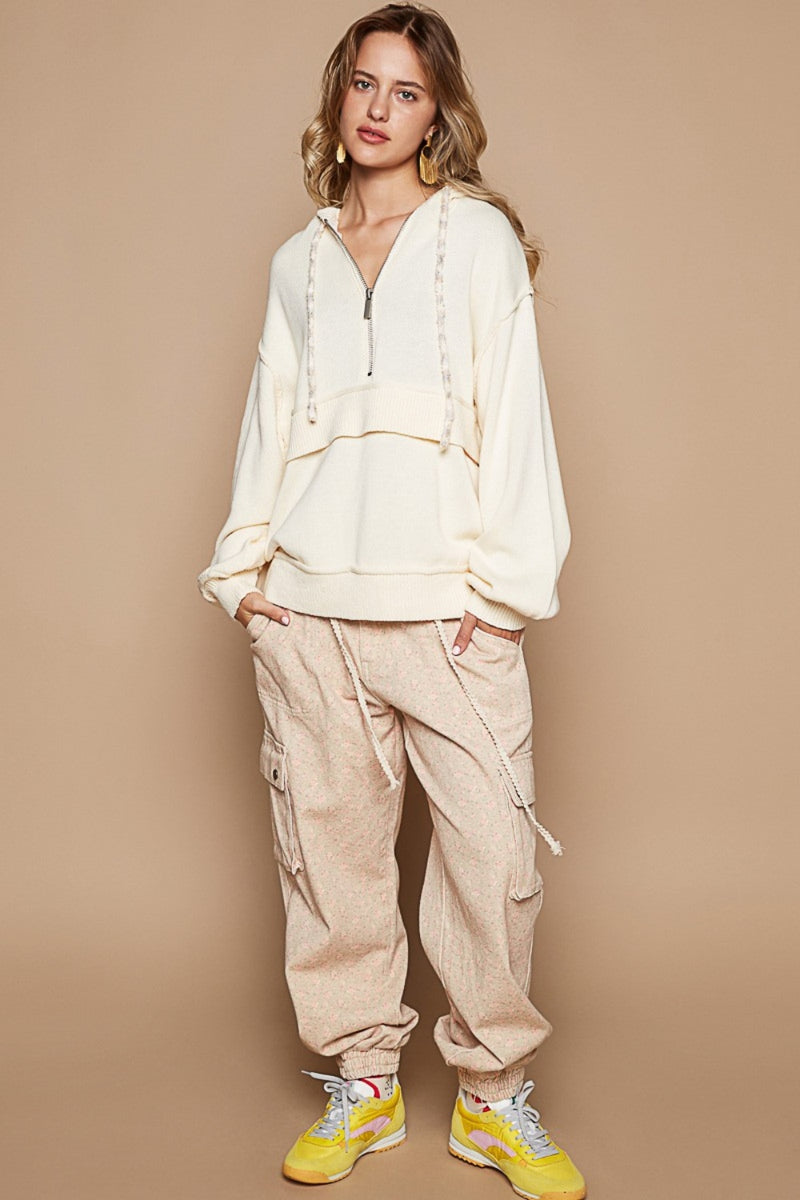 POL Half Zip Drop Shoulder Hooded Sweater - Brittney MADE