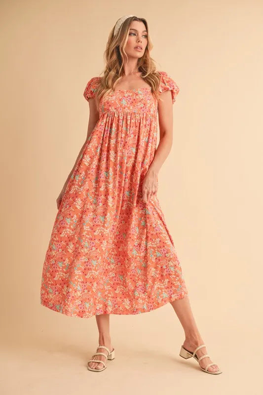 Aemi + Co Cutout Back Floral Square Neck Puff Sleeve Midi Dress - Brittney MADE