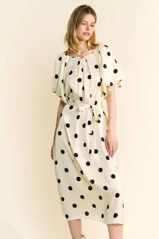Davi & Dani Polka Dot Puff Sleeves Waist Tie Midi Dress - Brittney MADE