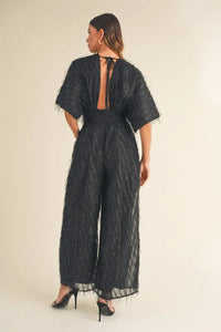 MABLE Fluffy Deep V Neck Wide Leg Jumpsuit - Brittney MADE