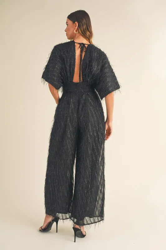 MABLE Fluffy Deep V Neck Wide Leg Jumpsuit - Brittney MADE