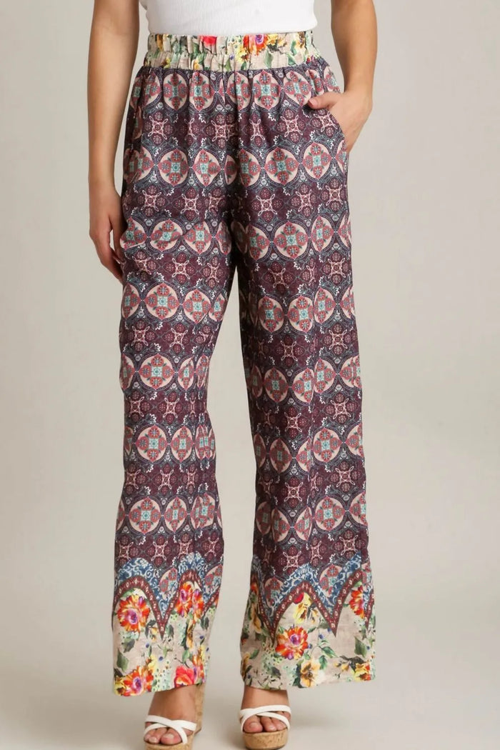 Umgee Full Size Mixed Print Elastic Waistband Pants Plus Size - Brittney MADE