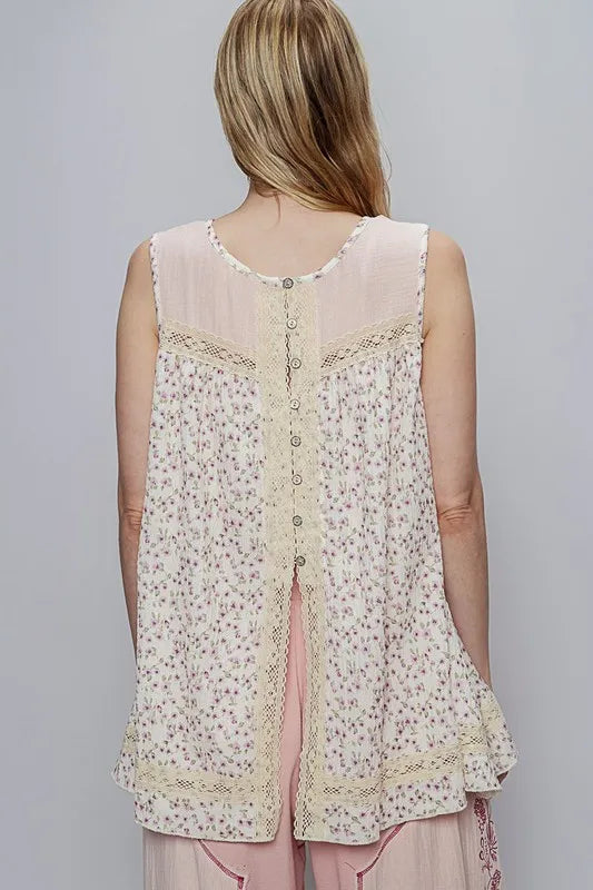 POL Lace Detail Floral Round Neck Sleeveless Top - Brittney MADE