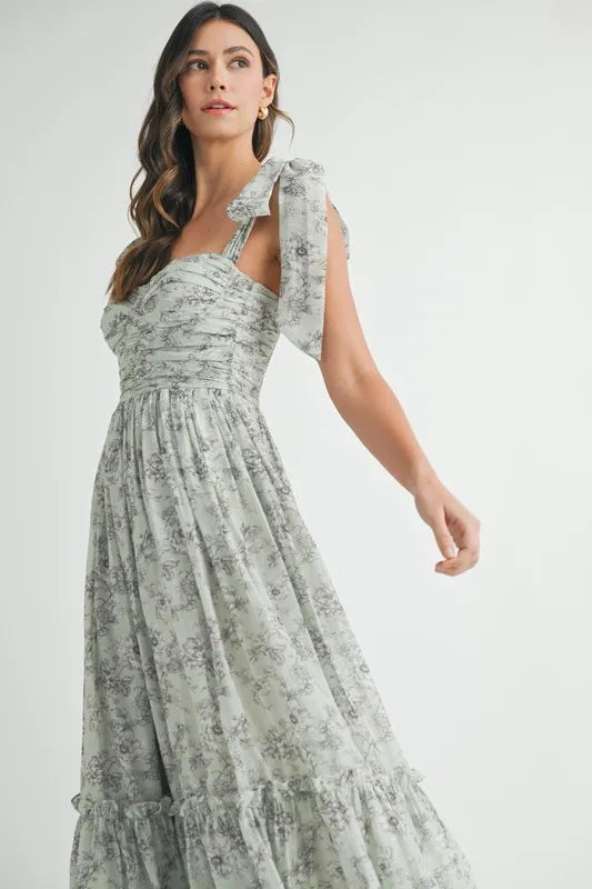 MABLE Floral Bust Ruched Midi Dress with Shoulder Tie - Brittney MADE