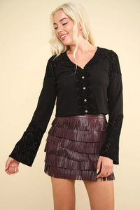 VERY J V-Neck Lace Detail Button Down Crop Ribbed Knit Top - Brittney MADE