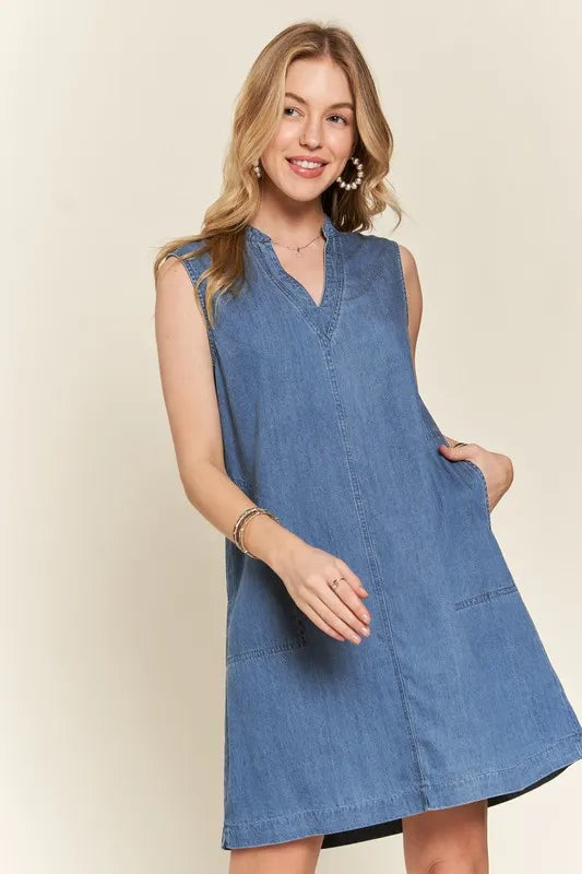 ADORA Notched Sleeveless Denim Dress with Pockets - Brittney MADE