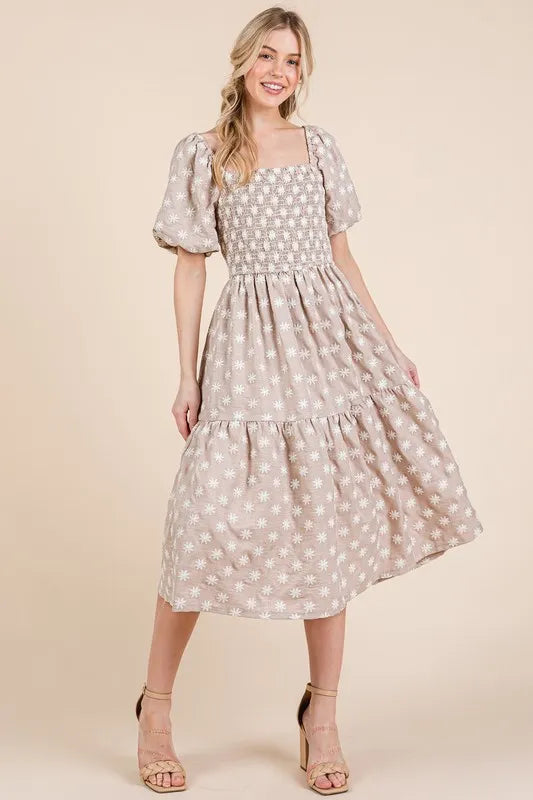 GeeGee Floral Embroidered Smocked Puff Sleeve Tiered Midi Dress - Brittney MADE