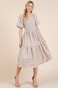 GeeGee Floral Embroidered Smocked Puff Sleeve Tiered Midi Dress - Brittney MADE