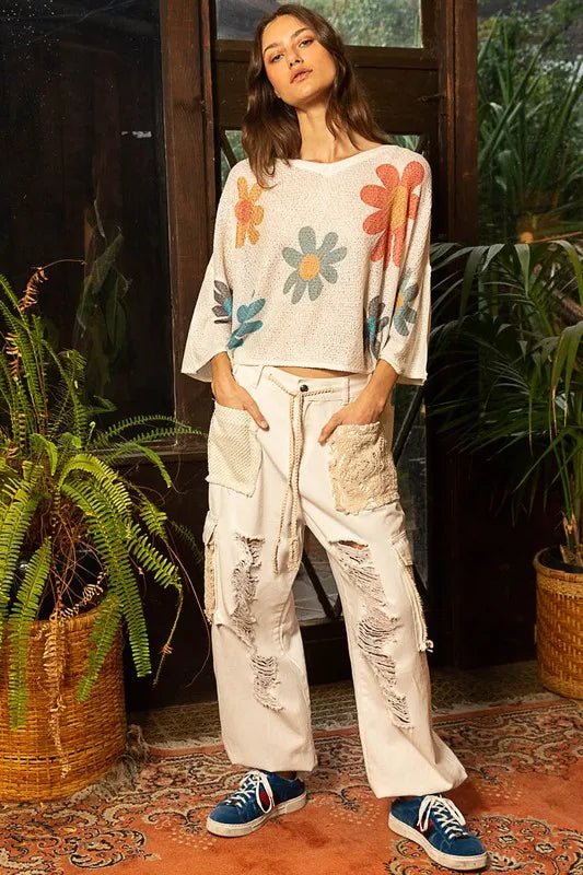 POL Flower Dropped Shoulder Long Sleeve Knit Top - Brittney MADE