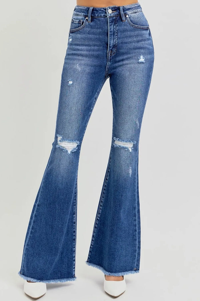 RISEN Full Size High Rise Distressed Raw Hem Flare Jeans - Brittney MADE