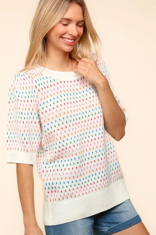 Haptics Round Neck Half Sleeve Multi Color Knit Top - Brittney MADE