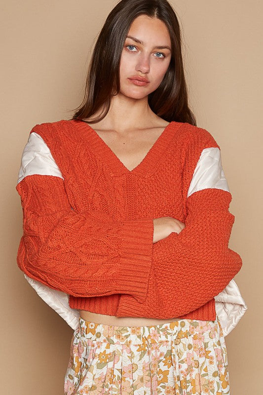 POL Cable Knit Quilting Patch V-Neck Contrast Sweater - Brittney MADE