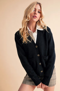 Aemi + Co Ribbed Hem Button Down V-Neck Cardigan - Brittney MADE