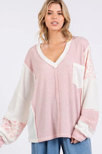 SAGE + FIG Floral Long Sleeve V-Neck Waffle Knit Top - Brittney MADE