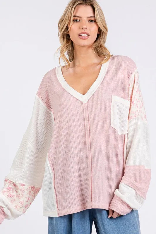 SAGE + FIG Floral Long Sleeve V-Neck Waffle Knit Top - Brittney MADE