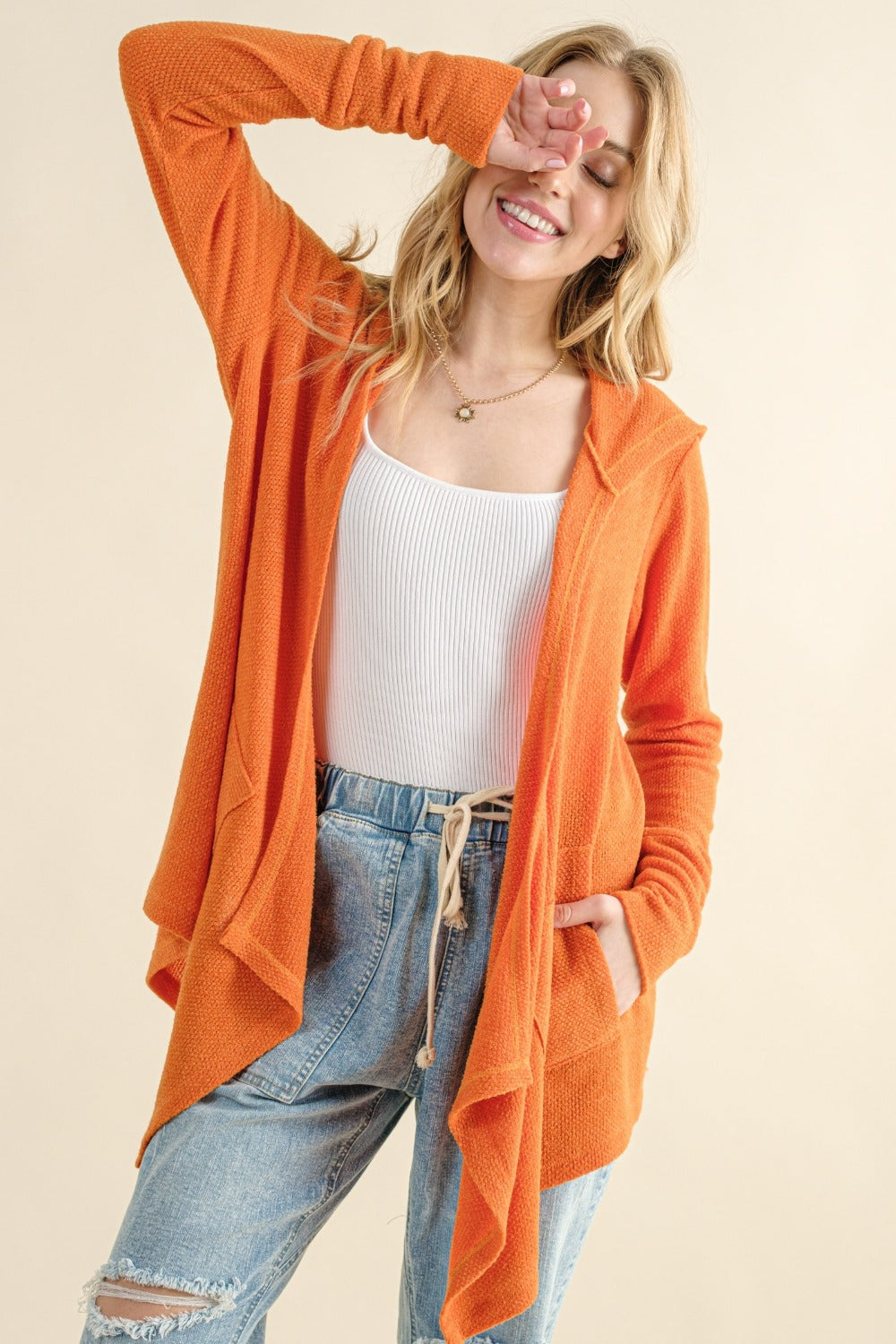 And The Why Full Size Thermal Hooded Open Front Cardigan with Pockets - Brittney MADE