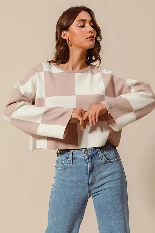 SO ME Checkered Crop Sweater with Bell Sleeves - Brittney MADE
