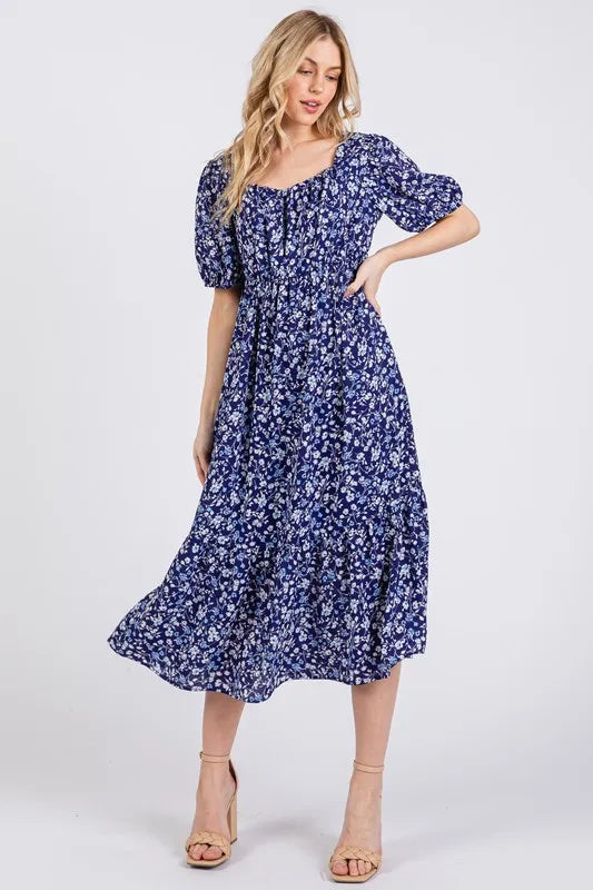 Ces Femme Floral Square Neck Puff Sleeve Midi Dress - Brittney MADE