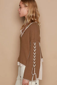 POL Lace-Up Sleeve Color Block Ribbed Knit Top - Brittney MADE