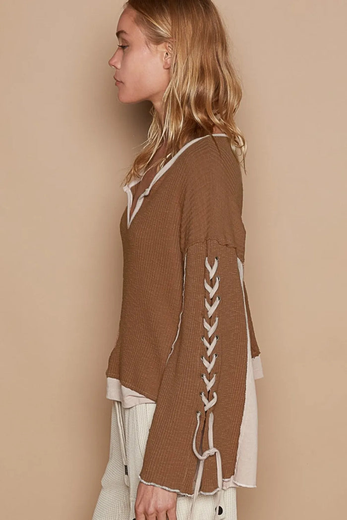 POL Lace-Up Sleeve Color Block Ribbed Knit Top - Brittney MADE