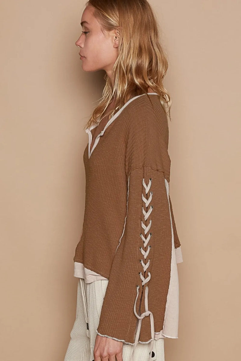 POL Lace-Up Sleeve Color Block Ribbed Knit Top - Brittney MADE