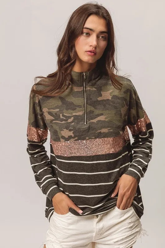 BiBi Camouflage French Terry Knit Top - Brittney MADE