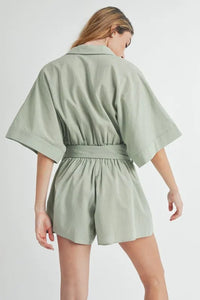 MABLE Embroidered Button Down Collared Neck Romper - Brittney MADE