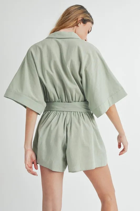 MABLE Embroidered Button Down Collared Neck Romper - Brittney MADE