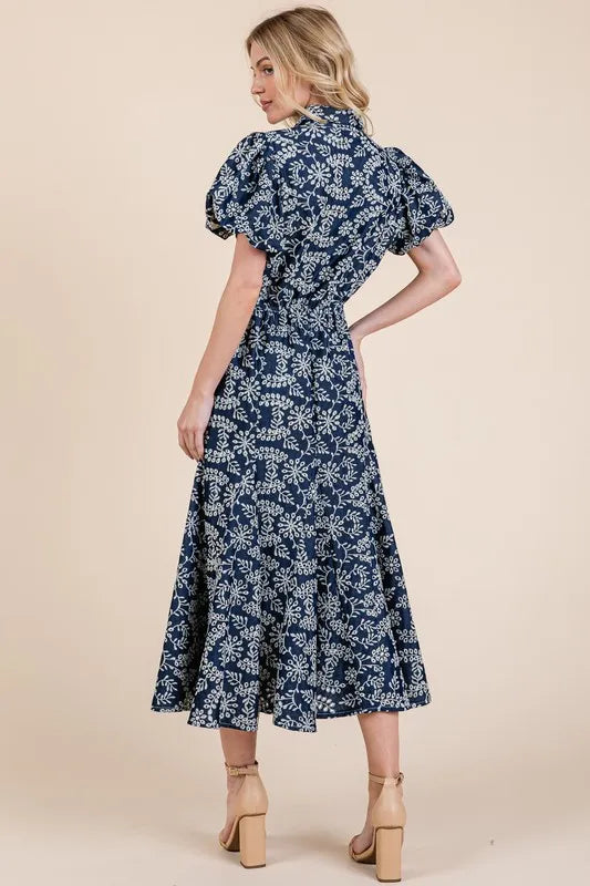 GeeGee Natural Leaf Pattern Eyelet Lace Puff Sleeve Dress - Brittney MADE