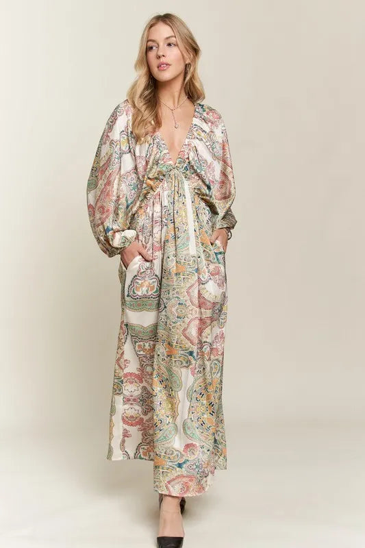 ADORA Printed V-Neck Batwing Sleeve Dress - Brittney MADE