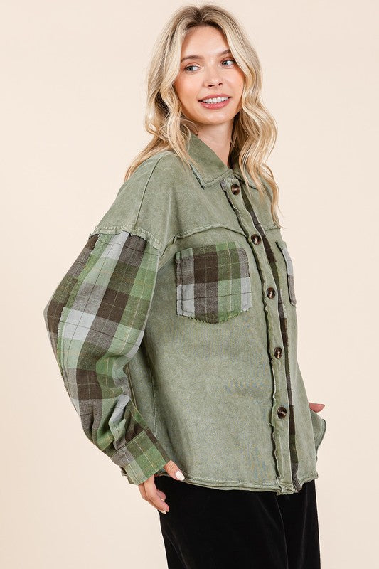 Mittoshop Button Down Contrast Plaid Patchwork Shacket - Brittney MADE