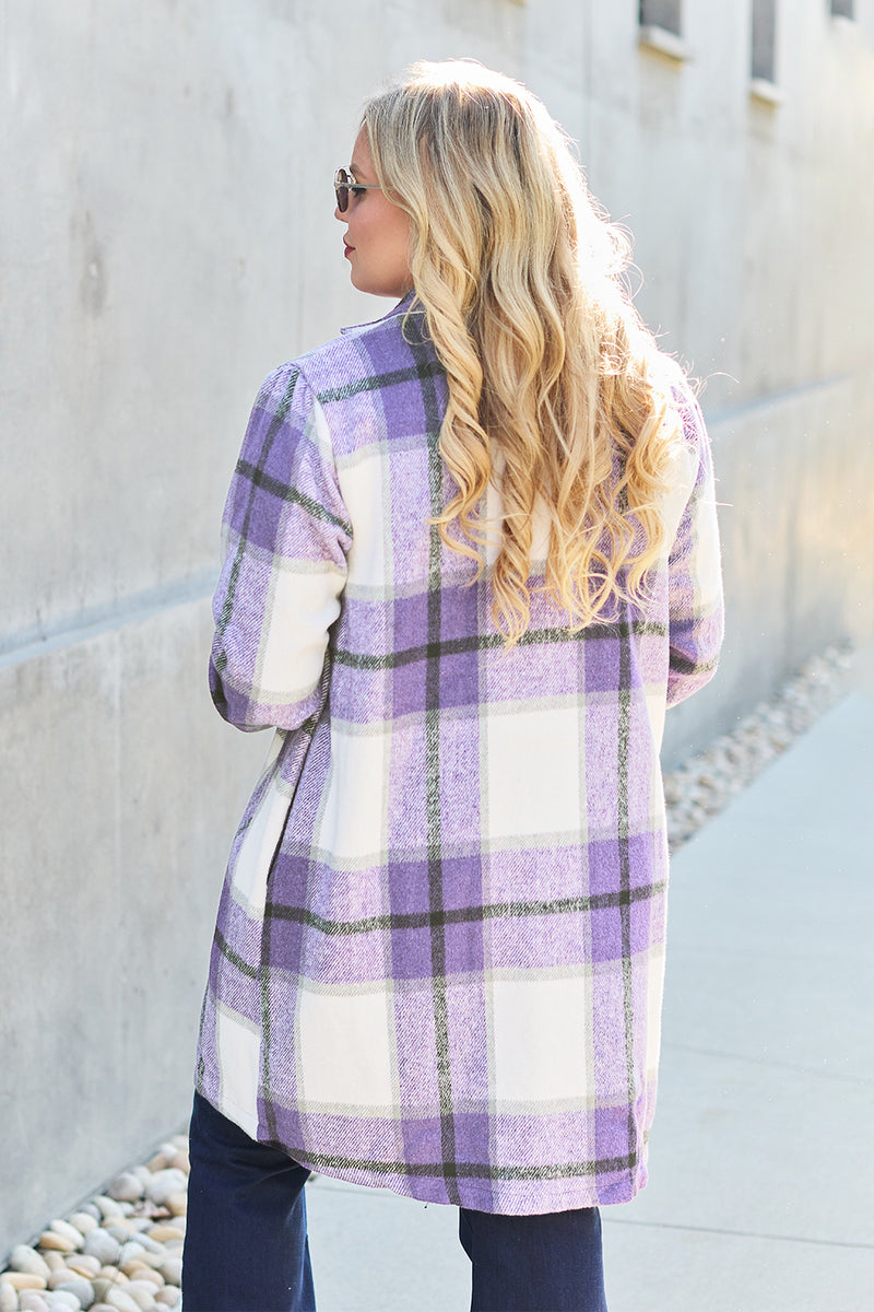 Double Take Full Size Plaid Button Up Lapel Collar Coat - Brittney MADE