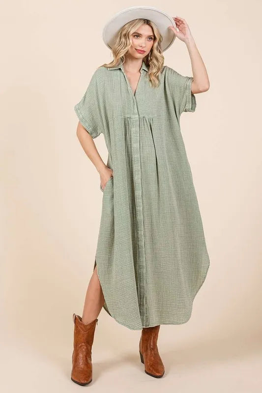 Mittoshop Mineral Wash V Neck Button Up Midi Shirt Dress - Brittney MADE