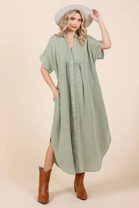 Mittoshop Mineral Wash V Neck Button Up Midi Shirt Dress - Brittney MADE